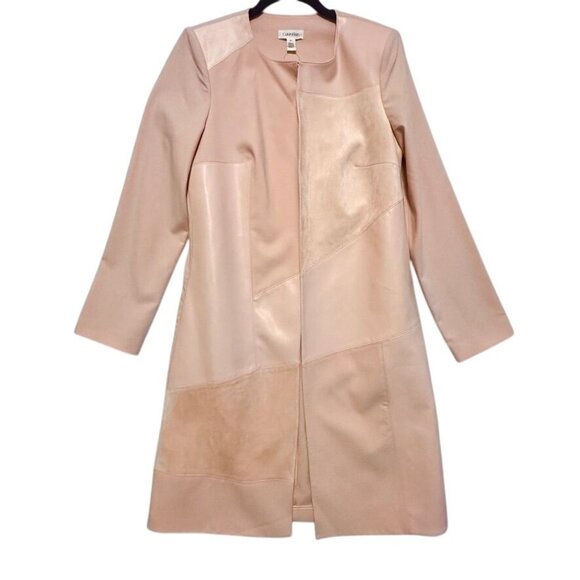 Calvin Klein Blush Pink Faux Suede Leather Long Open Coat Womens Jacket Size 10 - Picture 1 of 8